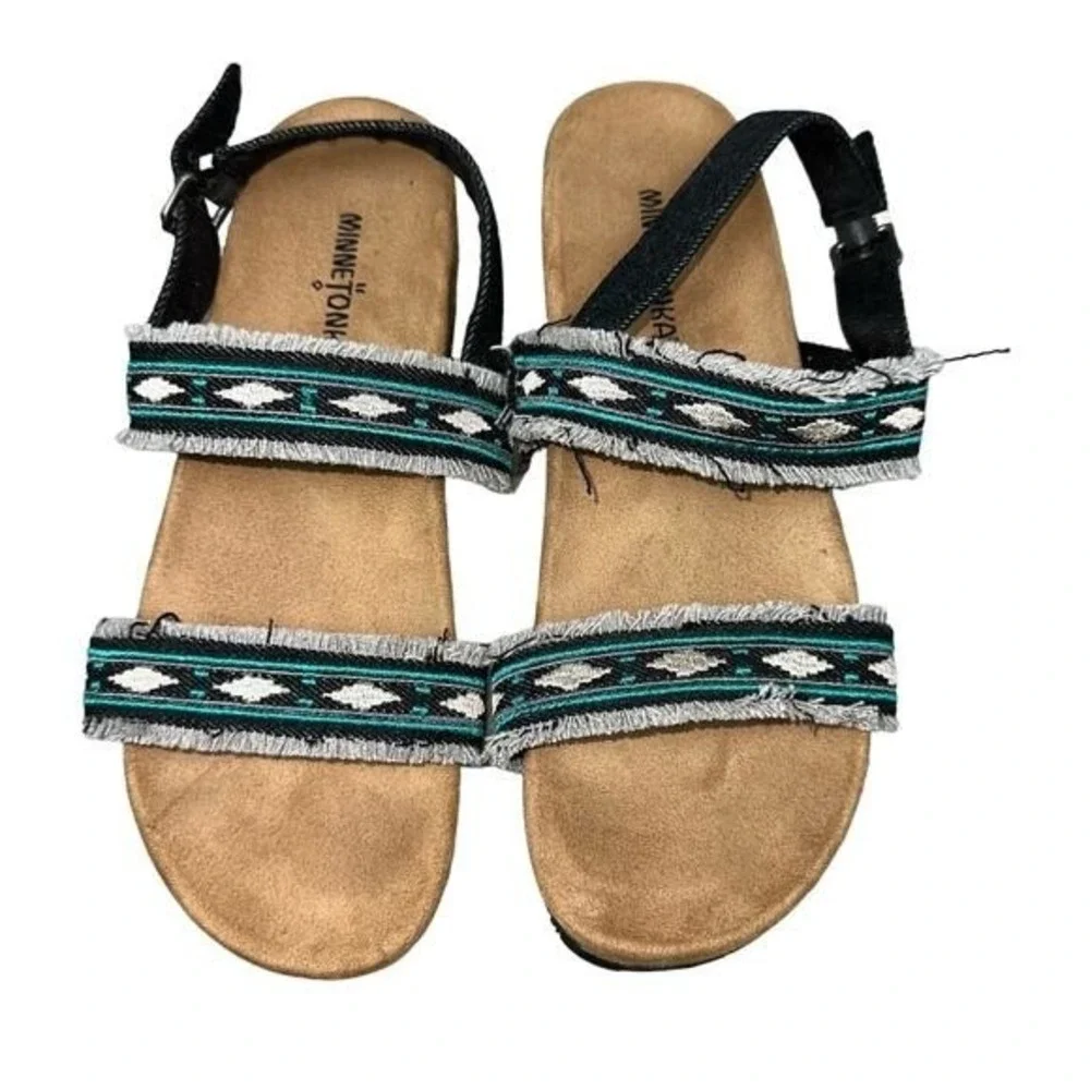 Minnetonka Melody Slingback Sandals Womens 10 Black Teal Good 74003 BKD